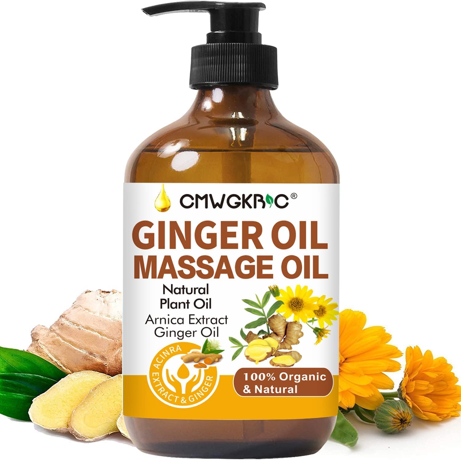 CMWGKBC Ginger Oil, Ginger Massage Oil for Lymphatic Drainage, Arnica Oil, Natural Massage Oil with Grape Seed Oil, Arnica Extract, Vitamin E Oil and Ginger Oil-Warming and Relaxing