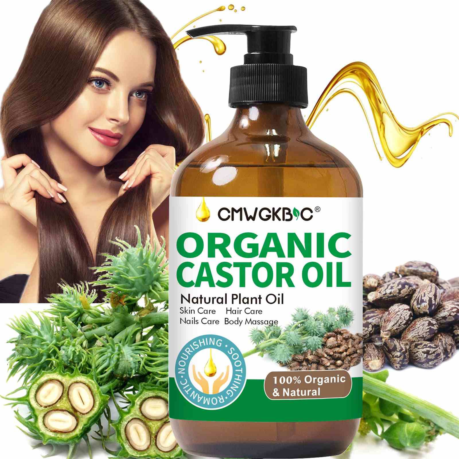 CMWGKBC Castor Oil,Organic Castor Oil,Cold Pressed Castor Oil Hair Growth Natural,Castor Oil for Face,Castor Oil for Eyelashes,Skin,Nails,Stimulate Growth for Hair,Lashes,Brows,Massage Oil for Massage Therapy